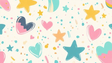 Pastel Hearts Stars and Abstract Shapes Seamless Pattern Background Design