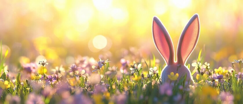 A cute bunny rests in green grass surrounded by colorful flowers, capturing the essence of spring and Easter festivities.