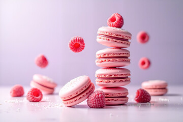 Elegant raspberry macaron tower with floating elements on a pastel lavender background, delightful dessert concept.  Cover for cookbooks or advertising of restaurants, bakeries and cafes