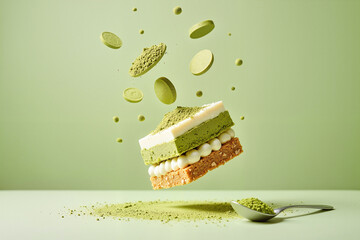 Floating layers of matcha tiramisu against a serene sage green background, hyper-realistic culinary art concept.  Cover for cookbooks or advertising of restaurants, bakeries and cafes