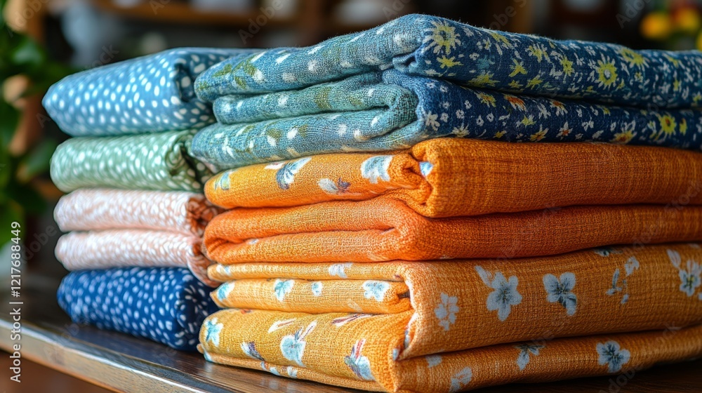 Poster colorful textiles stacked neatly showcasing various patterns and textures in a vibrant display
