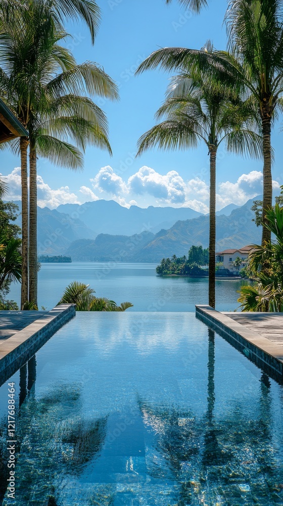 Poster tranquil poolside view with palm trees against a serene mountain backdrop during daytime