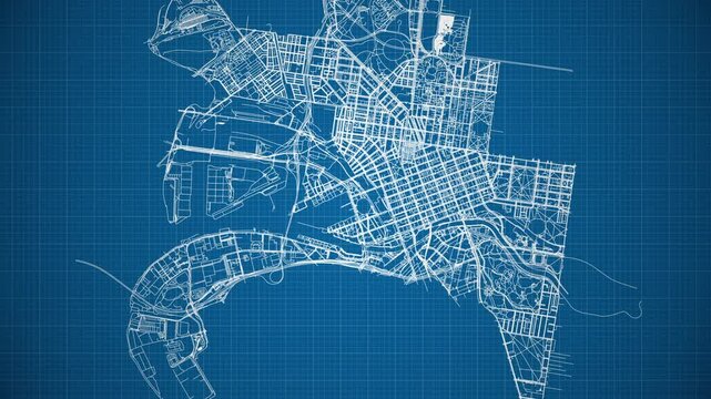 Ink reveal animation of Melbourne city, Victoria, Australia, grid map. Aerial top view. Blueprint style. White lines with blue background. 4K Seamless loop.