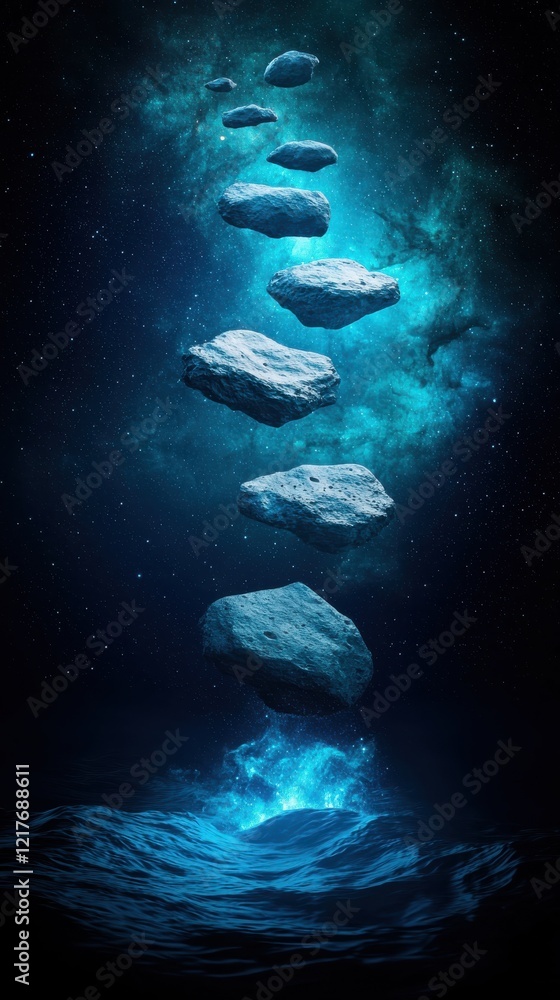 Poster floating asteroids in dark space cosmic scene celestial objects ethereal environment captivating vie