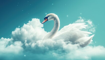 Fototapeta premium White Swan: A Contemporary Art Representation Of Tenderness And Creativity With Fluffy Clouds In Place Of Body