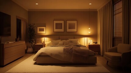 Serene Bedroom Interior Design Warm Evening Lighting Cozy Bed and Modern Decor
