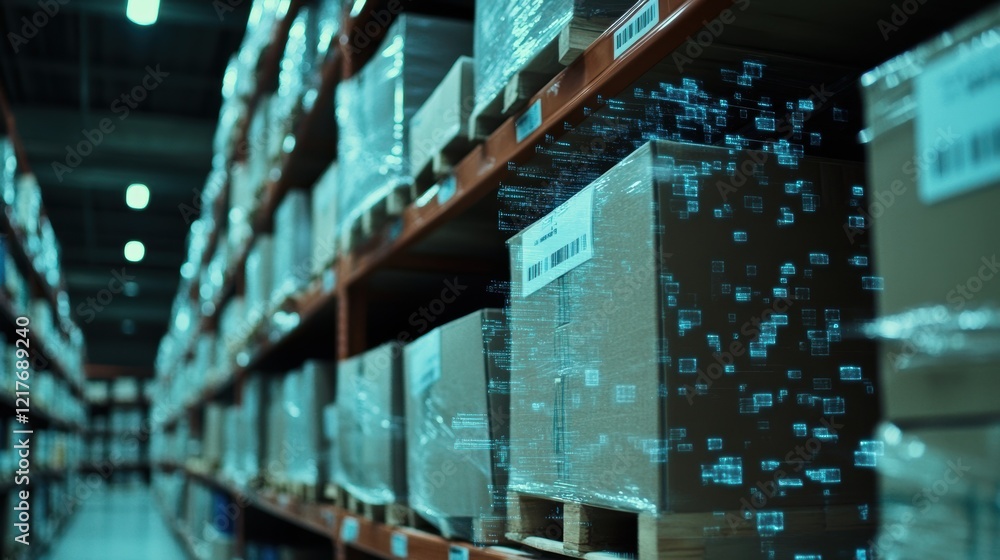 Poster a closeup of a warehouse shelf filled with labeled boxes with a scanner beam striking a barcode whil