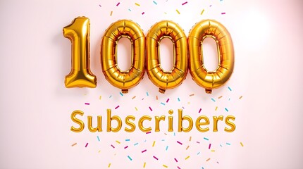 stock photo, soft pastel colors, strong hard light, direct harsh shadows. 1000 Subscribers Celebration Foil gold '1K' balloons, colorful confetti burst, clean bright background. 