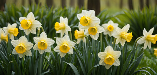 Bright daffodils with yellow centers and white petals create a vibrant display in a lush garden. Morning dew glistens on the flowers, enhancing their beauty and freshness