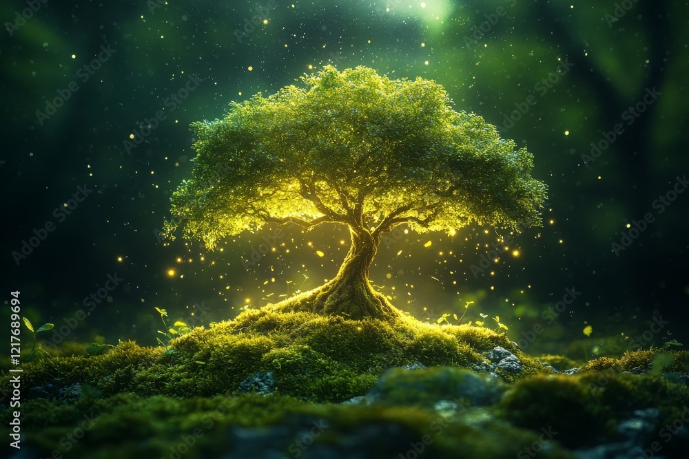Poster serene green tree on a mossy hill illuminated by soft light in a tranquil forest setting
