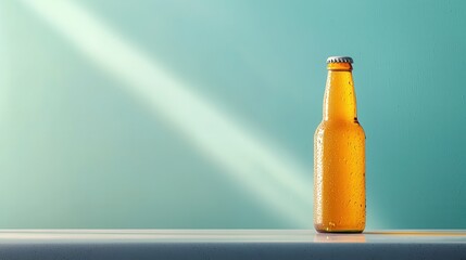 Chilled beer bottle spotless bar counter product inviting atmosphere close-up view refreshing vibes