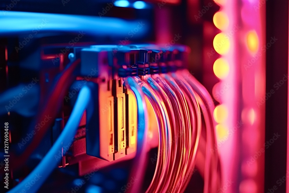 Poster server room cables connecting to hardware in data center with neon lights
