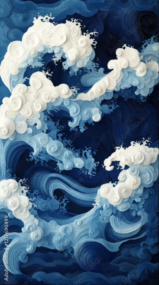 Poster dynamic waves in shades of blue with swirling clouds in an abstract art piece