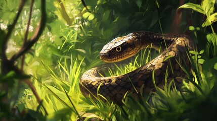 Fototapeta premium Serpentine Beauty Brown Snake in Lush Green Grass Wildlife Reptile Nature Photography