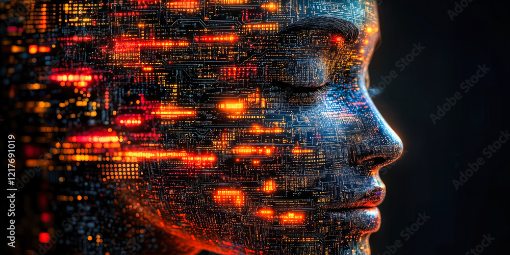 Poster digital human head with circuitry highlighting ai and data integration in technology operations