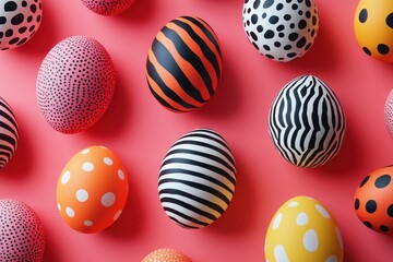 Fototapeta premium A colorful collection of painted eggs arranged on a soft pink background, celebrating the festive spirit of Easter.