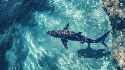 Fototapeta premium Oceanic Shark Swimming in Crystal Clear Turquoise Water Aerial View