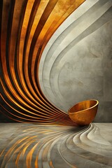 Abstract gold bowl in curved, metallic interior.