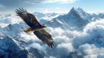 Majestic Eagle Soaring Above Snowy Mountain Peaks Dramatic Cloudscape