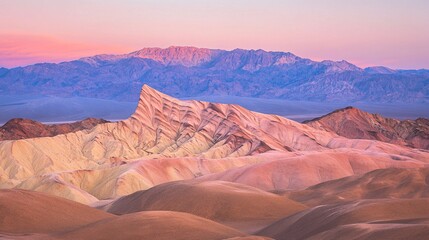 Naklejka premium Pastel-Colored Layered Mountains with Gentle Ridges and a Soft Sunset Glow
