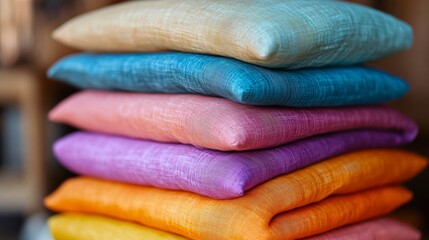 Stacked colorful cushions showcasing vibrant textiles at a cozy interior display