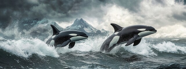 Two Orcas leaping playfully in stormy ocean waves near snowy mountains