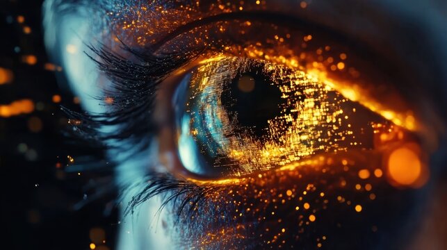 A holographic eye scanning through layers of financial data representing the vigilance and monitoring capabilities of AI in fraud detection and risk assessment.