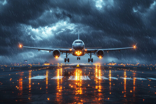 Powerful jet lands amid thunderstorm with rain and glowing runway lights at night