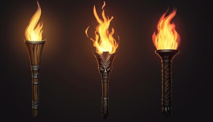 Realistic Medieval Torch With Burning Fire: Ancient Metal Torches With Big Flame, Wooden Decorative Horn, And Tiki Torch On Transparent Background.