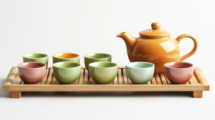 Colorful ceramic tea set on bamboo tray