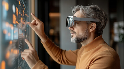 Man using augmented reality glasses to interact with data