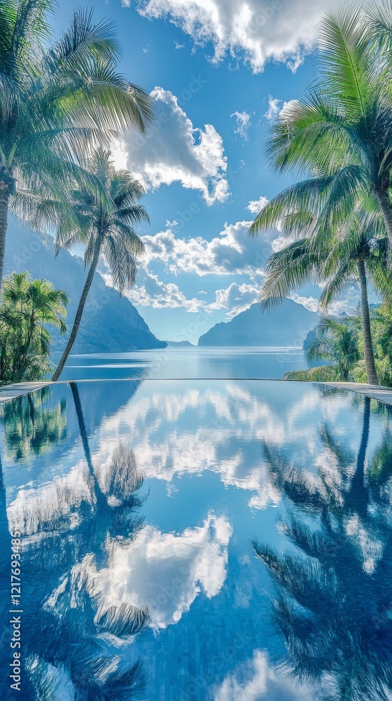 Poster tranquil poolside view with palm trees against a serene mountain backdrop during daytime