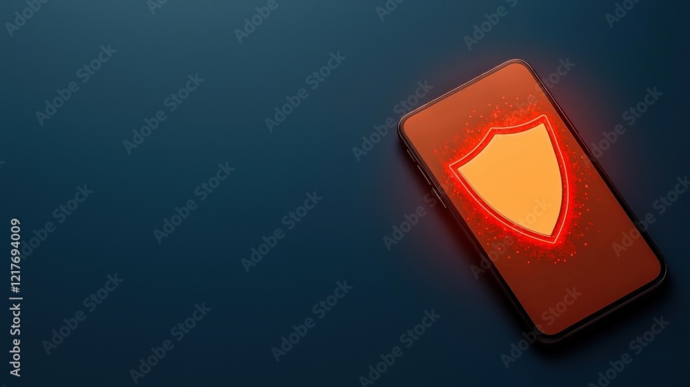 Poster a smartphone displaying a red shield icon, symbolizing security and protection in a digital context.