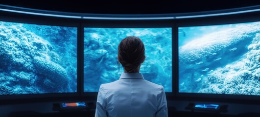 Researcher Observing Marine Life Through High-Tech Displays