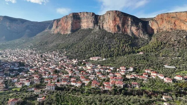 Aerial video shot of the Leonidio town in Peloponnese, Greece on a sunny day