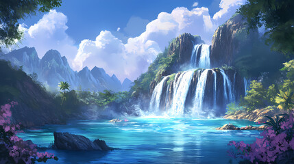 Majestic waterfall cascading into pristine lagoon azeem's stunning nature photography in tropical settings. Sapphire Lagoon. Illustration