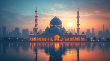 A white mosque with two minarets stands on a body of water with a crescent moon in the sky