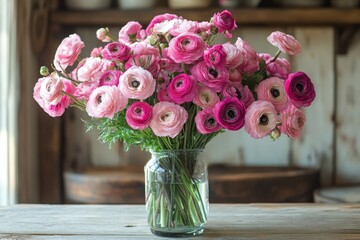 Bright and colorful ranunculus flowers arranged in a glass vase on a rustic wooden table