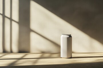 Sunlight on blank can, wood table, wall. Mockup for beverage design