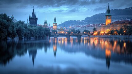 Obraz premium Twilight Prague Bridge Reflection, Cityscape, Tourism