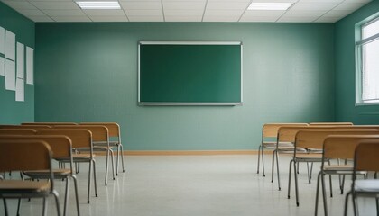 Bright Classroom with Empty Chairs and Chalkboard on Green Wall