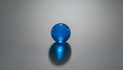 무채색의 회색 배경 위에 하나의 푸른 구슬이 반짝이며 중앙에 놓여 있다. 구슬은 투명한 빛을 반사해 강조된다