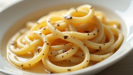 The image is a close-up of a plate of spaghetti. The spaghetti is cooked al dente and is covered in a creamy sauce.