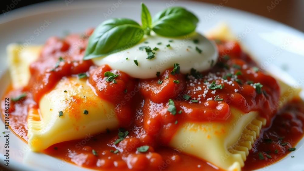 Poster the image shows a plate of ravioli with tomato sauce. the raviolis are arranged in a circular patter