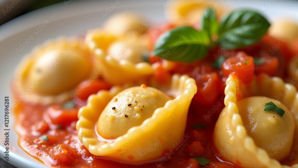 Poster the image shows a plate of ravioli with tomato sauce. the raviolis are arranged in a circular patter