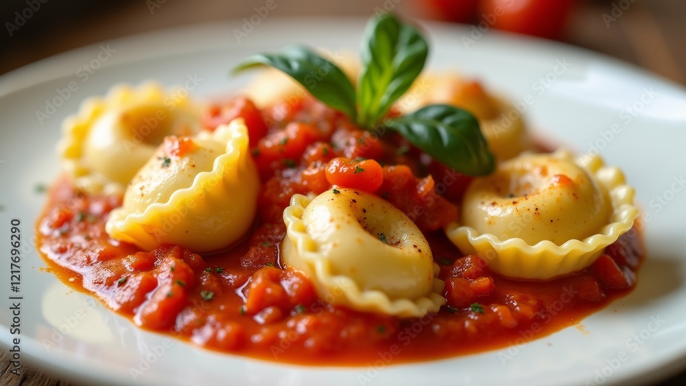 Poster the image shows a plate of ravioli with tomato sauce. the raviolis are arranged in a circular patter