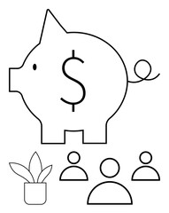Piggy bank symbol, dollar sign, three figures, and plant in pot. Ideal for savings, finance, teamwork, crowdfunding, shared goals investment and minimal design in abstract line flat metaphor