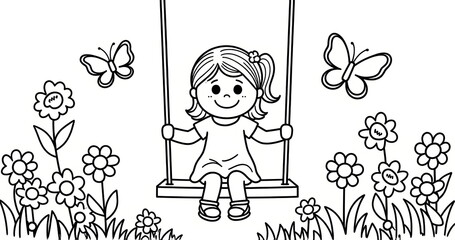 Fototapeta premium Smiling girl on swing in flowery garden