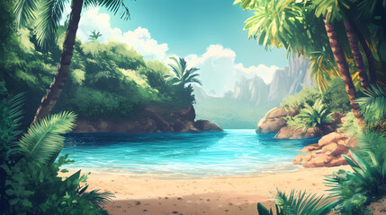 Tropical paradise with clear lagoon waters and sandy beach for relaxation and enjoyment. Sapphire Lagoon. Illustration