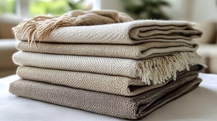 Neutral toned folded blankets stacked neatly on a table in a cozy living room setting